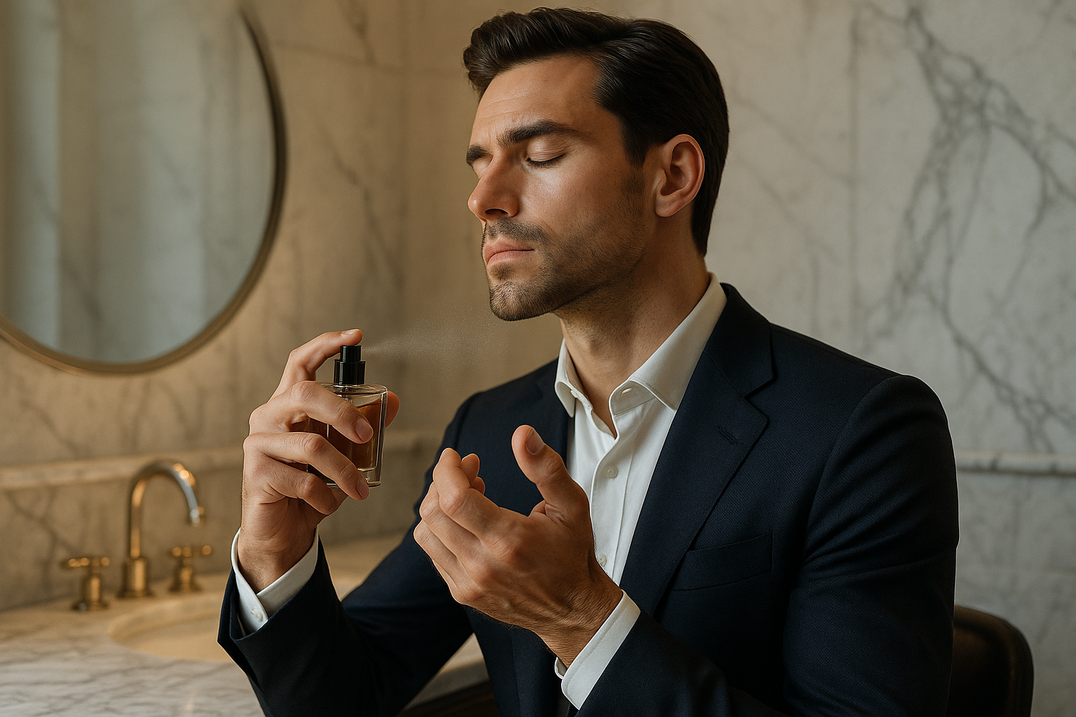 un hombre echadose colonia en la piel calidad de imagen 4k